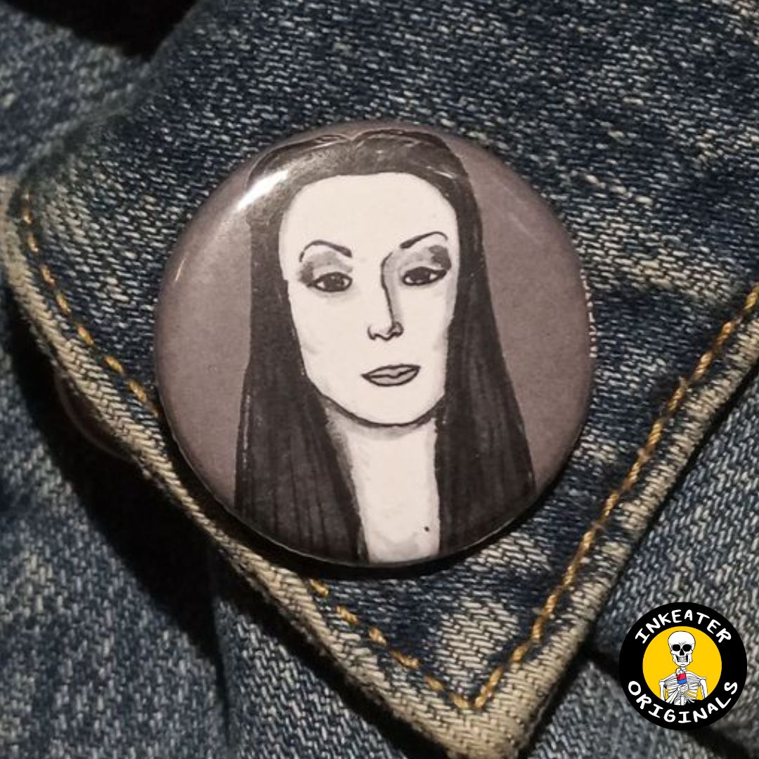 Morticia Addams Pinback Button – Gift for Horror Fans & Goths - Inkeater Originals (1)