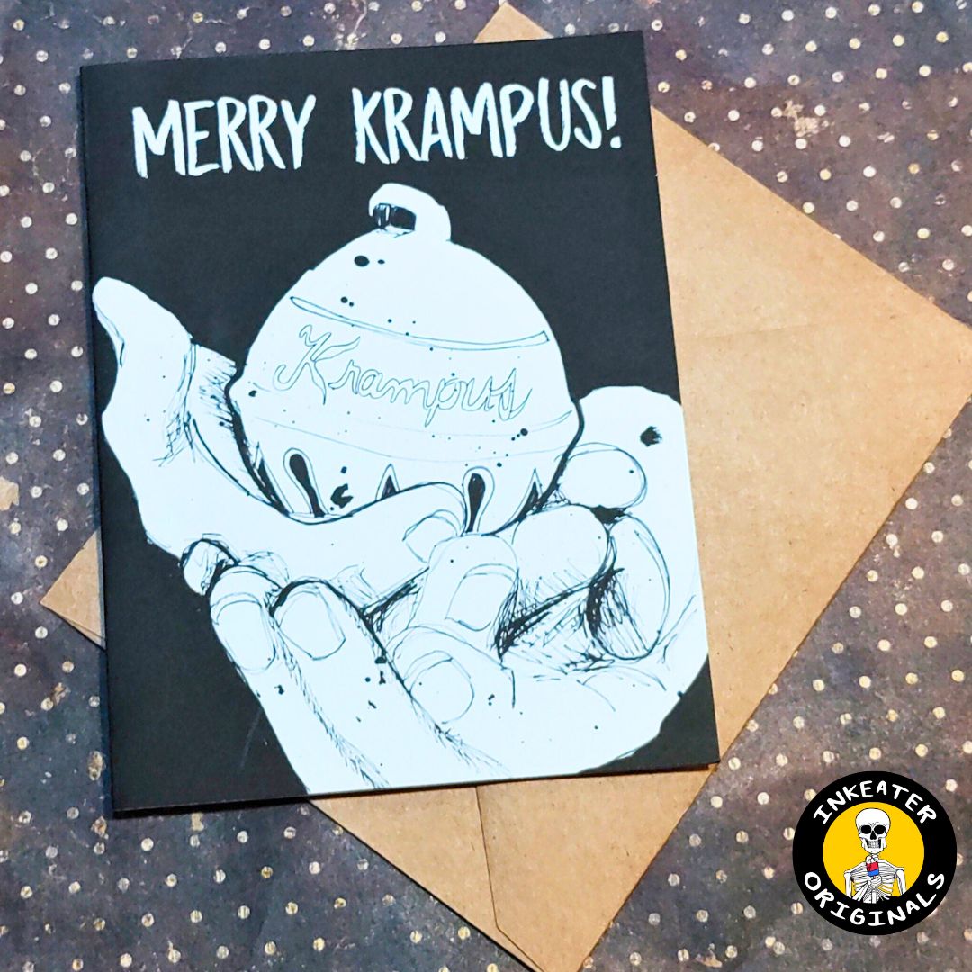 Hand-drawn Merry Krampus Christmas card featuring an illustrated Krampus portrait with brown kraft envelope.