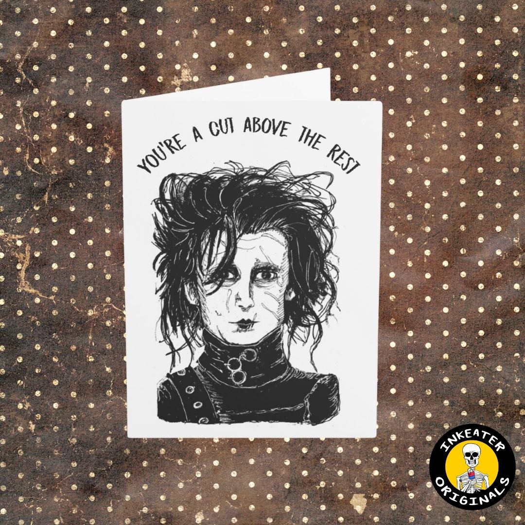 Mark your anniversary with our Edward Scissorhands card! Hand-drawn, spooky love for Depp & Burton fans. Order now & elevate your celebration. Ready to ship!