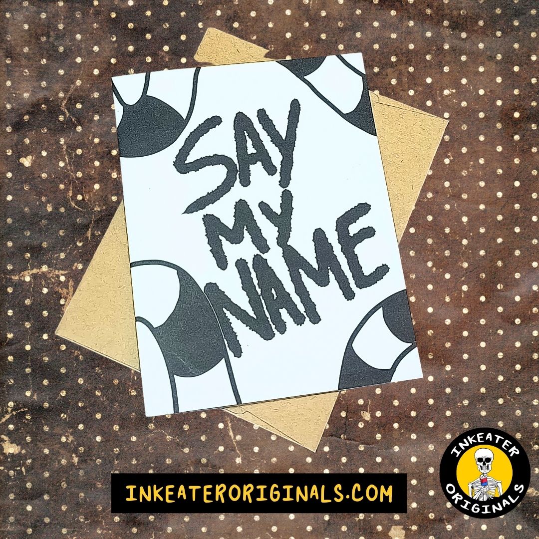 Illustration of a snake slithering through a whimsical A2 greeting card, quirky and spooky, Beetlejuice-inspired vibes.