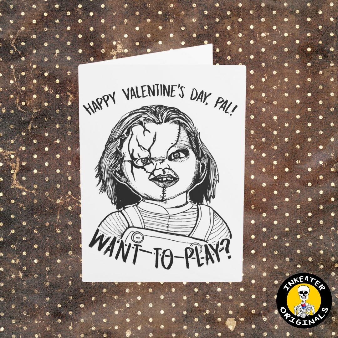 Spread love with our Chucky Valentines Day Card! Perfect for horror fans. Get a unique hand-drawn design on high-quality Cardstock. Order now!