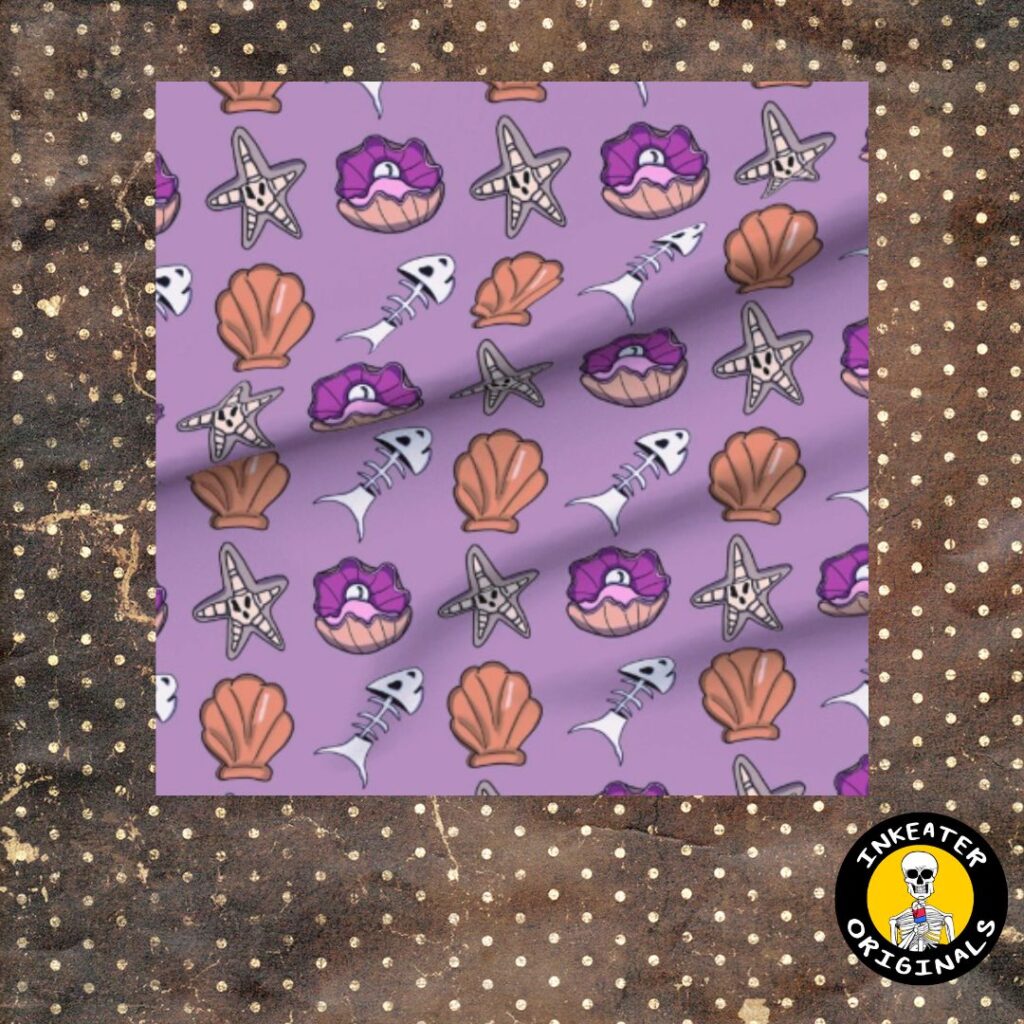 Lavender purple fabric with quirky seaside icons including pearl oyster, fish bone skeleton, starfish and scallop shell in a tossed repeat pattern