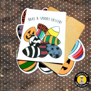 Celebrate Easter with creepy-cute vibes! Get our spooky egg card + sticker set now — perfect gift for horror fans.