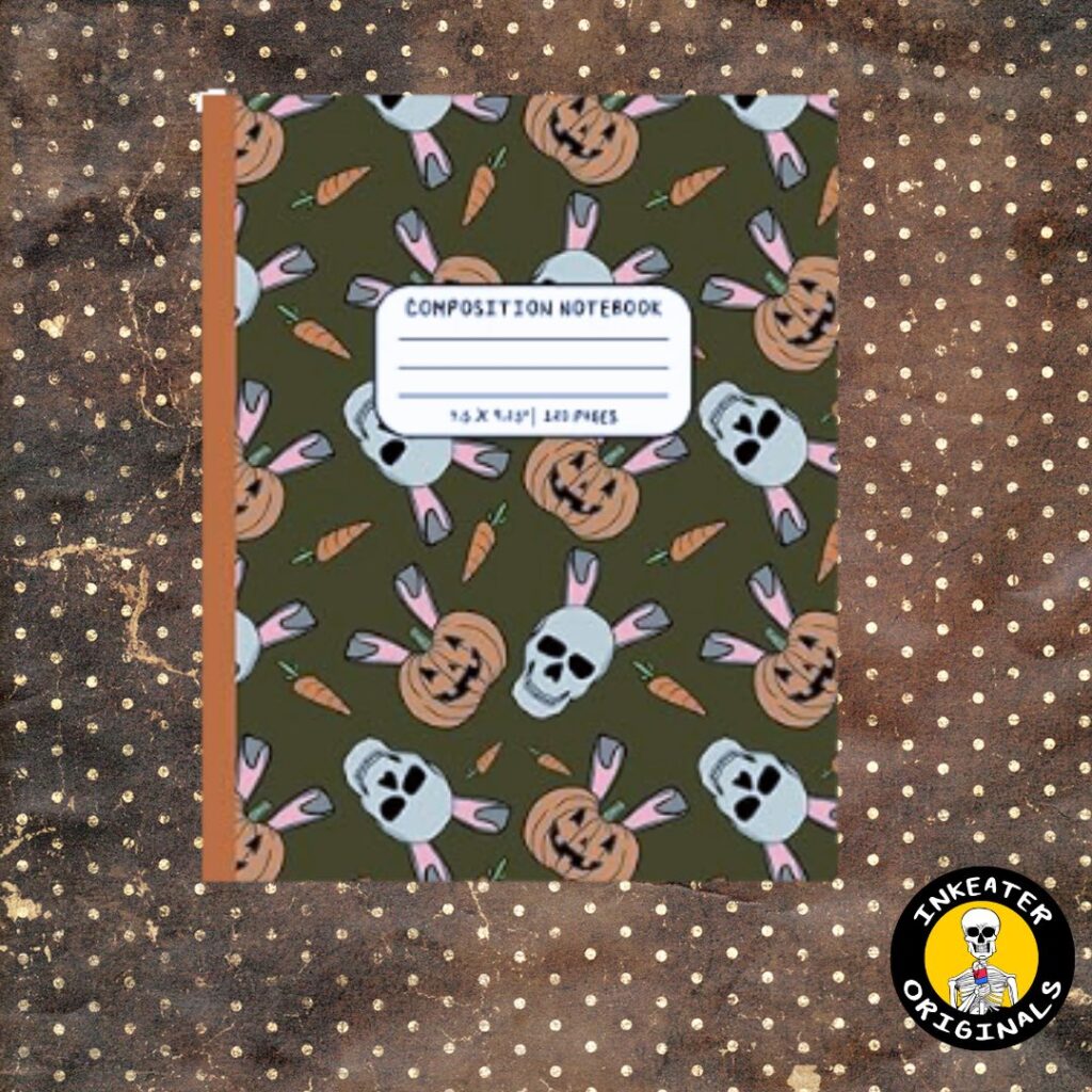 Skull Bunny and Pumpkin creepy cute composition notebook with olive green cover featuring skulls in bunny ears and jack-o-lanterns by Inkeater Originals on Amazon KDP