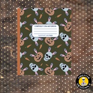 Skull Bunny and Pumpkin creepy cute composition notebook with olive green cover featuring skulls in bunny ears and jack-o-lanterns by Inkeater Originals on Amazon KDP