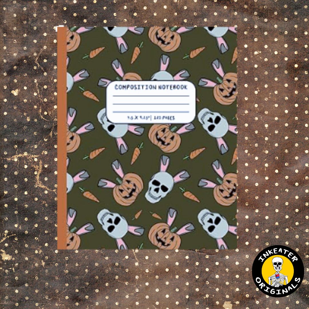 Skull Bunny and Pumpkin creepy cute composition notebook with olive green cover featuring skulls in bunny ears and jack-o-lanterns by Inkeater Originals on Amazon KDP