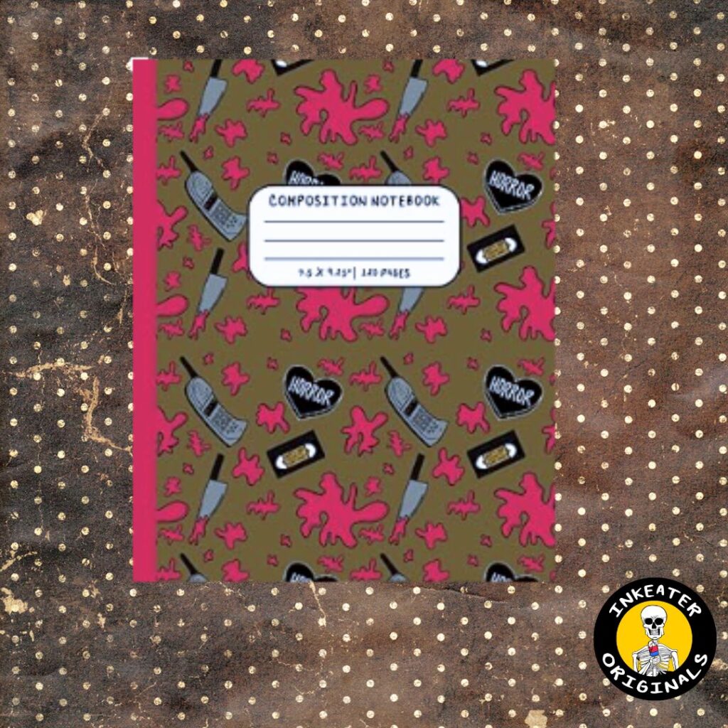 Retro horror composition notebook with blood splatter VHS tapes flip phones and cleavers cover by Inkeater Originals on Amazon KDP
