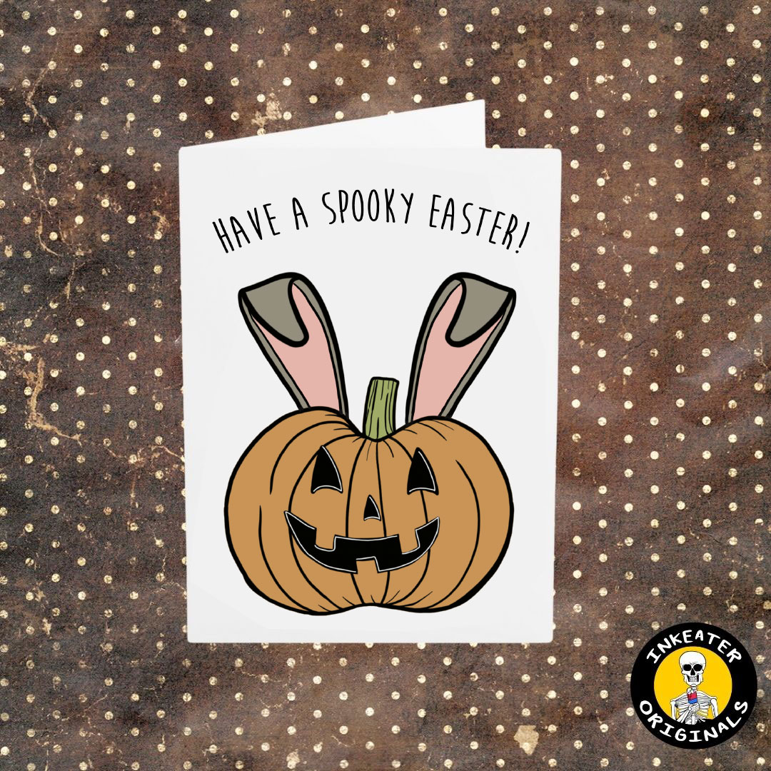 Greeting card with a hand-drawn pumpkin character with bunny ears and the text 'HAVE A SPOOKY EASTER!' on the front.