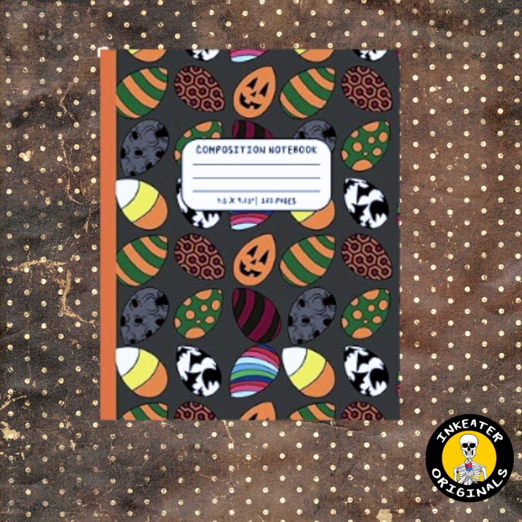 Spooky Easter Eggs horror composition notebook with dark cover featuring jack-o-lanterns skulls and candy corn eggs by Inkeater Originals on Amazon KDP