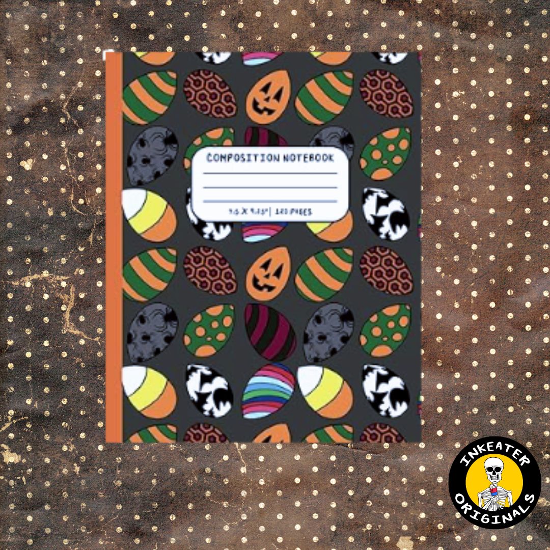 Spooky Easter Eggs horror composition notebook with dark cover featuring jack-o-lanterns skulls and candy corn eggs by Inkeater Originals on Amazon KDP