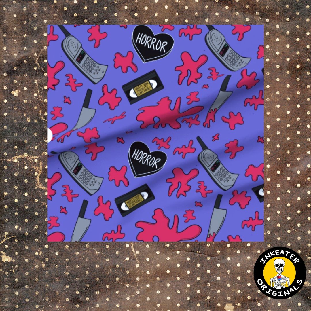 Retro 90s slasher horror repeat print fabric on bold purple background