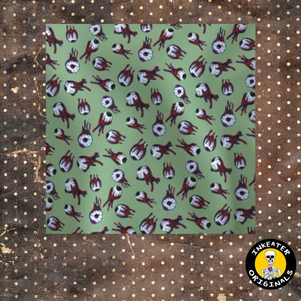 Bloody eyeball tossed repeat print fabric on sage green background by Inkeater Originals on Spoonflower