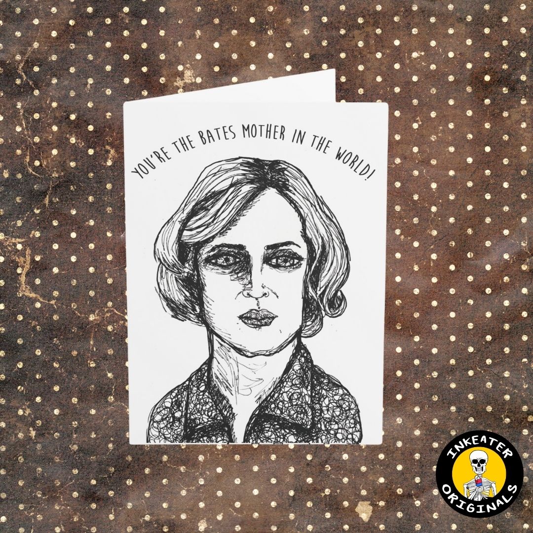 black and white drawing of norma bates from bates motel greeting card
