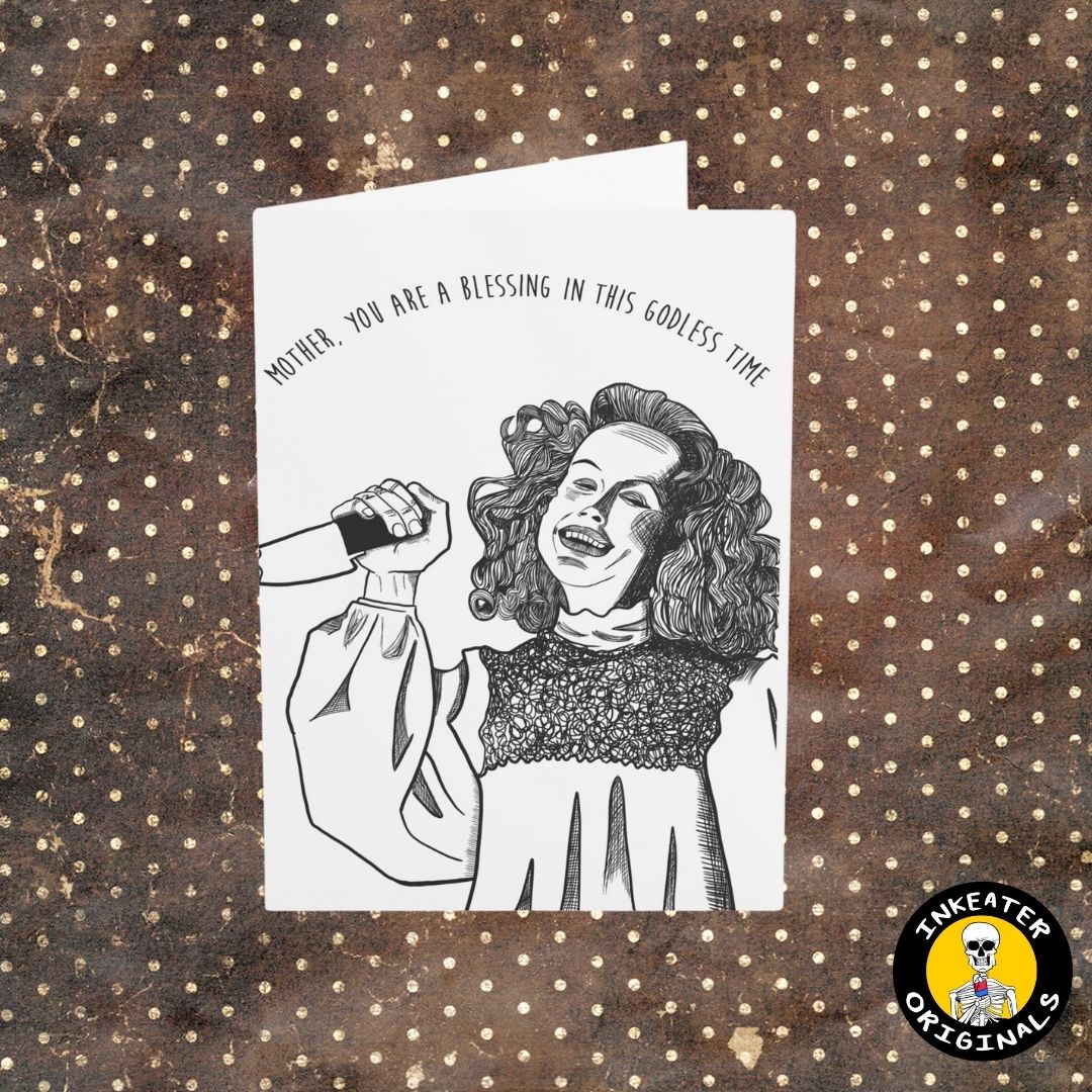 Carrie's mom with knife greeting card