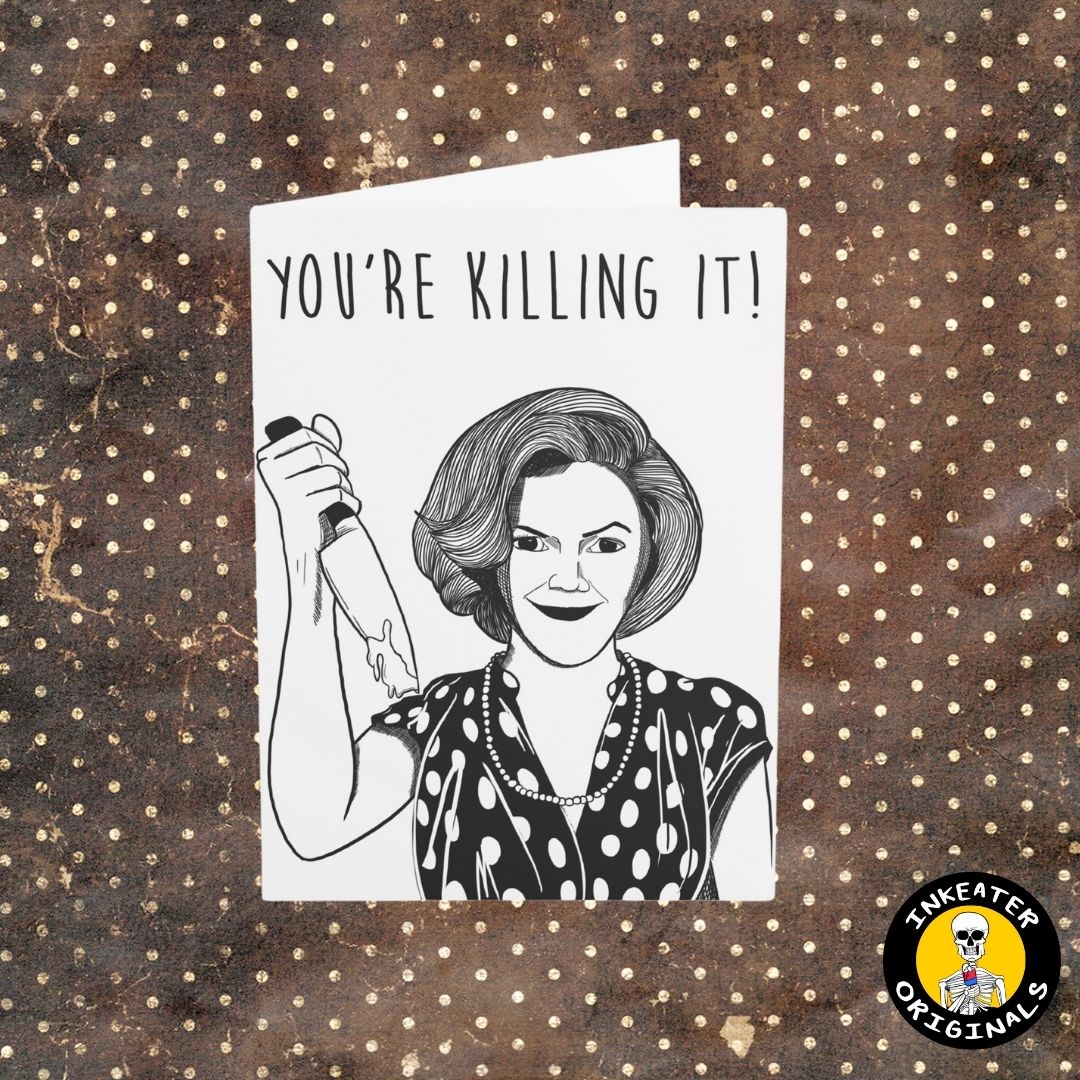 cereal mom 90s horror with knife greeting card