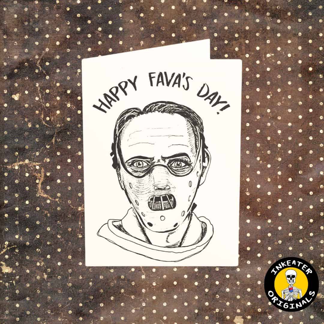A vertical greeting card with a hand-drawn illustration of a character and the text 'HAPPY FAVA'S DAY!'. The card is placed against a dotted background.
