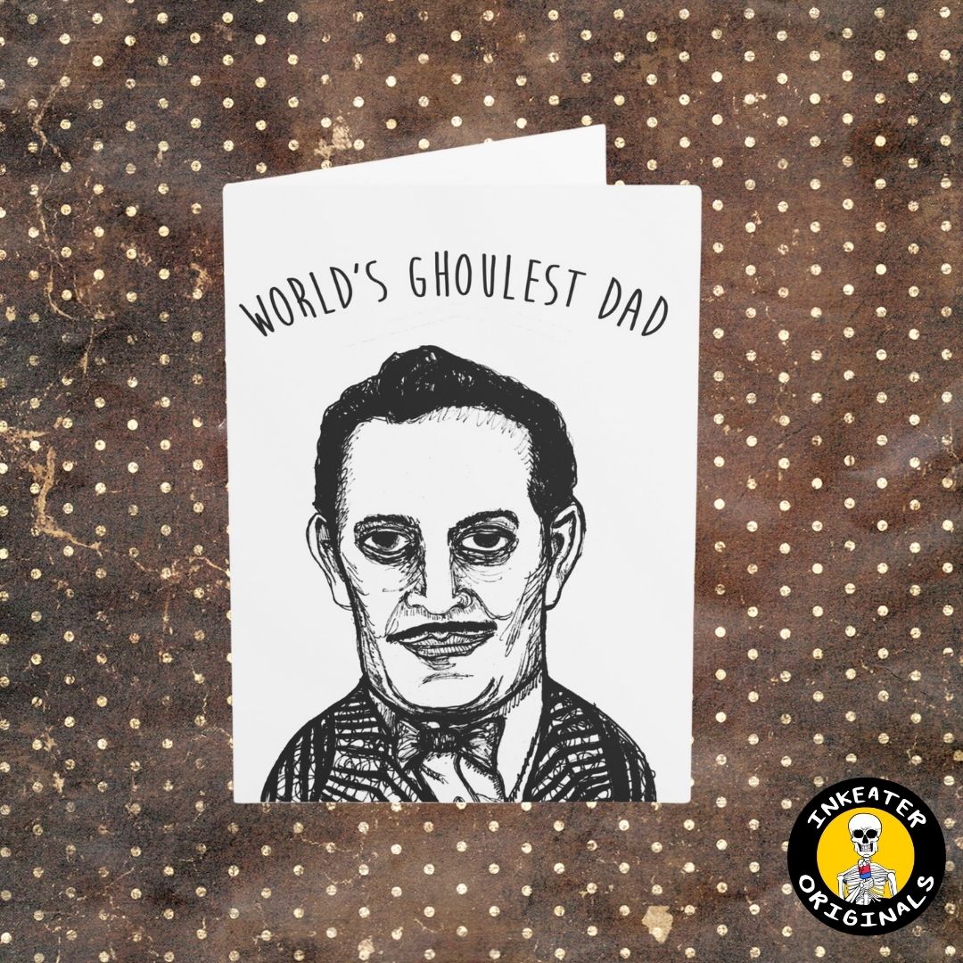 A greeting card with a hand-drawn illustration of a man and the text 'WORLD'S GHOULEST DAD' on it, set against a dotted background.