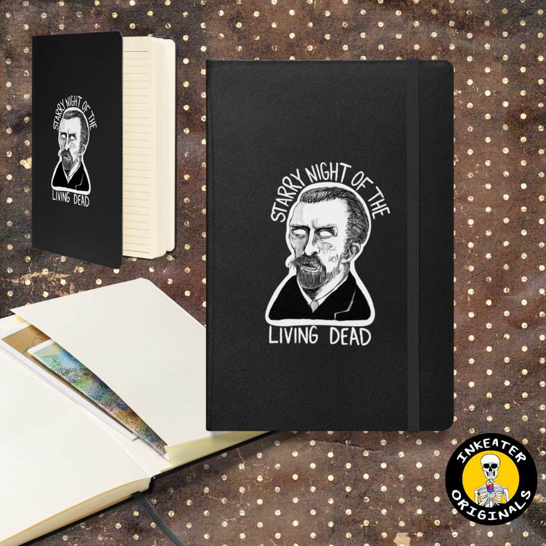 Starry Night of the Living Dead zombie Van Gogh notebook with elastic strap, featuring a creepy undead version of Vincent van Gogh and a swirling starry night design.