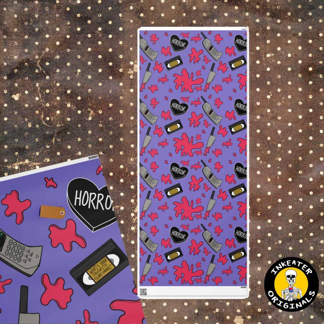 “What’s Your Favorite Scary Movie?” horror-themed wrapping paper featuring Inkeater’s original spooky repeating pattern